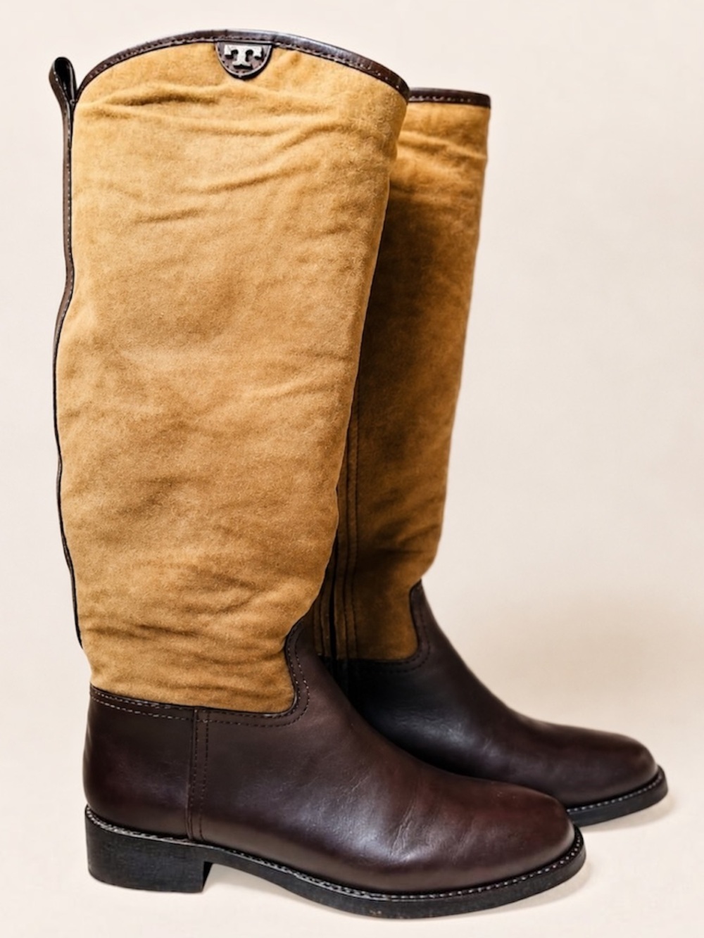 Tory Burch Kensington Tall Riding Boots Brown Leather Suede Knee High Equestrian